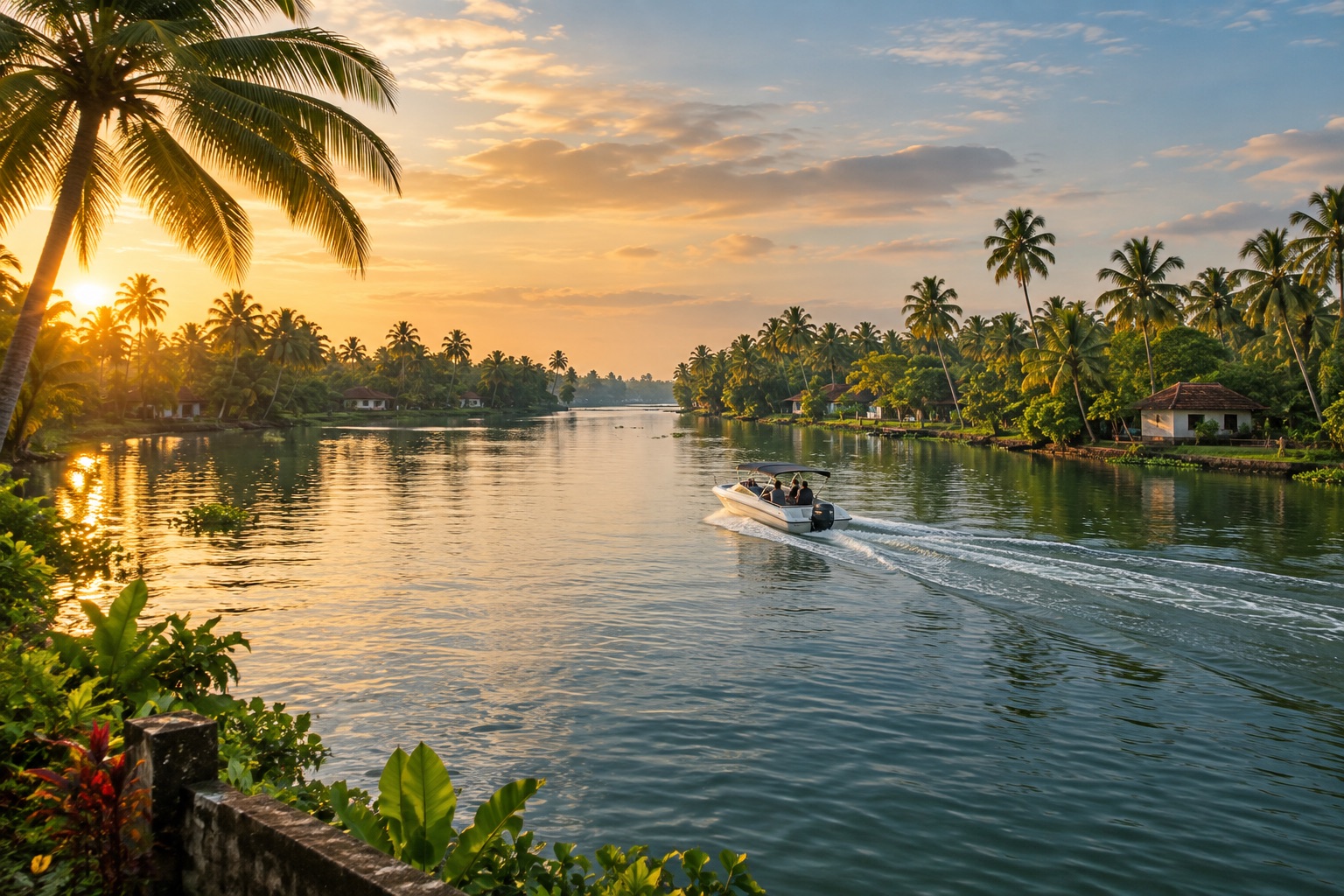 Speedboat travelling through a palm-lined Alleppey backwater route