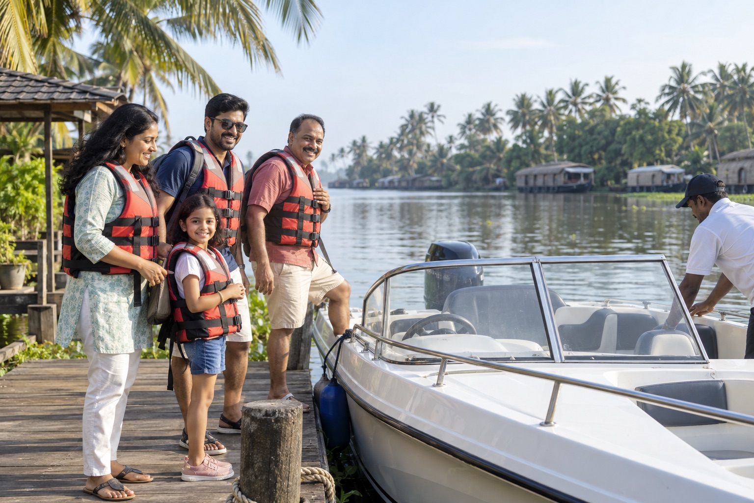Family wearing life jackets beside a speedboat at an Alleppey backwater jetty